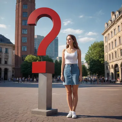 photorealism, highest quality, summer, young woman on a city square standing in front of upright big question mark 5 meters high