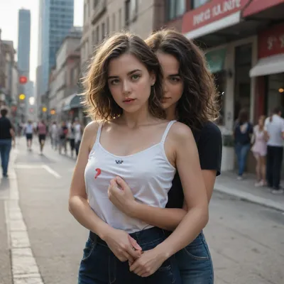 photorealism, highest quality, summer, big question mark, 5 meters high, upright, standing in between young women on a city square, (shaped like question mark)