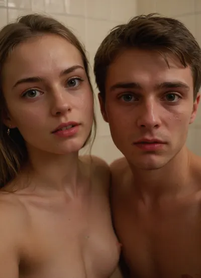Selfie of young russian girl and her boyfriend in russian bathroom after sex, small tits, sweaty, realistic, cum on face