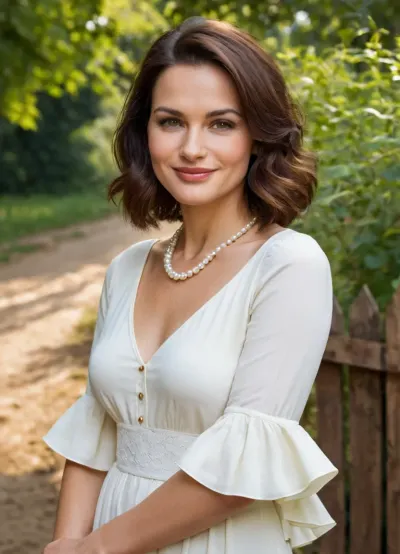 The image features a full body view woman standing outdoors, likely during the golden hour. She is the central focus, positioned slightly off-center, with her face angled towards the camera and a gentle smile. She is wearing a white, eyelet dress with ruffled detailing around the neckline and sleeves. A delicate pearl necklace adorns her neck. Her hair is neatly styled. A white bracelet is visible on her wrist. The image features a beautiful very sexy 47yo woman. Cinematic. Body according to age with imperfections like Cellulite, Varicose veins etc. Oval face. Pale skin, no tan. Height 170cm. Breast size 80C. Smiling. Dark brunette hair, very thin hair, shoulder length hair, slightly wavy medium bob cut, hair parted on one side. very high forehead. thinning hair with little volume, hair combed back tucked behind ears. Slightly curvy body. Stocky legs. Nice round ass. Narrow waist, Sturdy thighs, little tummy, wide very female hips, Decent makeup. She likes to show skin. Small eyes. Thin eyebrows. Wrinkled eyes. Beautiful capturing woman. Smiling. She is very aware of her sexual charms and uses them to seduce others.

The background provides context, suggesting a charming, possibly rural or historic setting. A cobblestone path forms the ground, leading to a wooden fence. Beyond the fence, a lush green landscape is visible, including trees and foliage. The structure behind the fence appears to be a building with a thatched roof. The lighting suggests a warm, late afternoon or early evening, with soft golden hues casting shadows and highlighting the textures of the scene. A sign on the fence features foreign language, likely Hungarian, and a warning symbol. The overall composition creates a sense of peacefulness and leisure.
