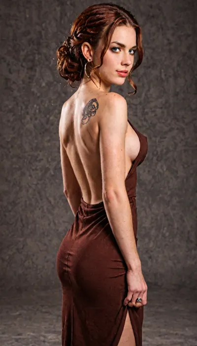View from behind at a slight angle of a breathtaking fully clothed 19-year-old woman standing in a dimly lit night club, she is turned slightly so that our focus is on her back but we see some of her figure and part of her face, she is tall and slender with large breasts and flawless pale skin, her medium-length orange-red hair cascades down in ringlets, (((fully clothed in a beautiful opaque brown dress))), she wears a beautiful classy backless and strapless short chocolate brown evening dress that cups her body, the dress displays her gorgeous bare back while covering and accenting her perfect ass and thighs and showing some very tempting side boob, ((she has a colorful tattoo of Medusa’s head on one shoulder blade)), masterpiece, incredibly detailed, very sexy, ((side boob)), aidmawomanbodytattoo, <lora:aidmaWomanBodyTattoo-FLUX-V0.1:.8>, <lora:SkinDetails_flux_lora_v8:.8>, aidmafluxproultra, <lora:aidmaFluxProUltra-FLUX-v0.1:.8>