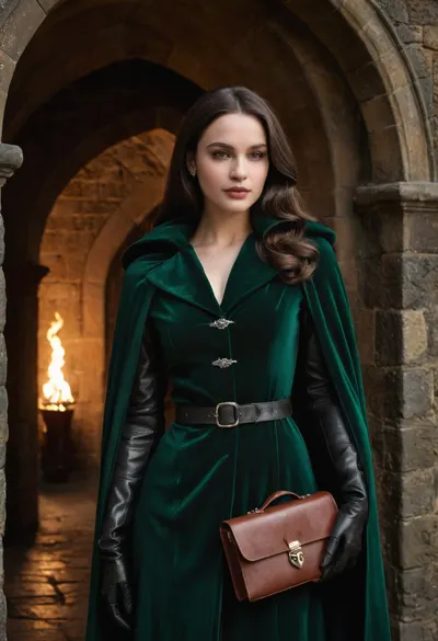 (Slytherin castle entrance winter fashion portrait), (score_9, score_8_up, masterpiece, best quality, highres, photorealistic, ultra-detailed), portrait shot from waist up, 1girl, Selene Moreau, 20-year-old French beauty, tall slim curvy body with porcelain pale flawless glowing skin, extremely long straight jet-black silky hair cascading down past waist, forehead smooth and high, arched dark brows, piercing gray-green almond-shaped eyes with cold seductive gaze and long curled lashes, double eyelids, sharp straight nose, high cheekbones, smooth pale cheeks, oval elegant face, glossy full lips in deep burgundy shade, subtle smirk, white straight teeth, long slender neck wrapped in dark green wool scarf, straight shoulders, slim toned arms in coat sleeves, delicate wrists in black leather gloves, elegant hands holding wand case partly visible, medium firm breasts hidden under coat, wearing luxurious dark green velvet winter coat with silver embroidery, black cloak over shoulders, silver Slytherin brooch on lapel, elegant leather satchel strap visible on shoulder, background with gothic stone archway of Hogwarts castle dungeon entrance, serpent carvings, torches flickering, cinematic moody HDR lighting, ultra-detailed anatomy, realistic skin, fabrics and environment textures, <lora:PerfectEyesXL:1>, <lora:Microwaist_XL_v01:.8>, <lora:Beautify-Supermodel-SDXL:1>, <lora:xl_more_art-full_v1:.8>, <lora:add-detail-xl:.8>