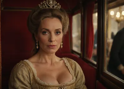 (hyperréaliste), superbe marquise de 50 ans du 16ème siècle en France, cleavage, detailed face, detailed eyes, full body view, in a royal carriage