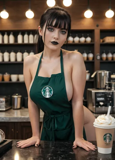 in coffee shop, a female goth barista posing, goth, (wearing apron, naked under apron), youthful skin, photorealistic, 21 years old female barista, large breasts, very realistic, best quality, high detail, (Standing behind the checkout counter where customers are lined up, she leans over checkout, female barista standing leaning forward), (inside the coffee shop), (black ponytail and bangs), (masterpiece), black lipstick, smokey eye makeup, (random view angle), <lora:MJ52:.8>, <lora:add-detail-xl:.8>