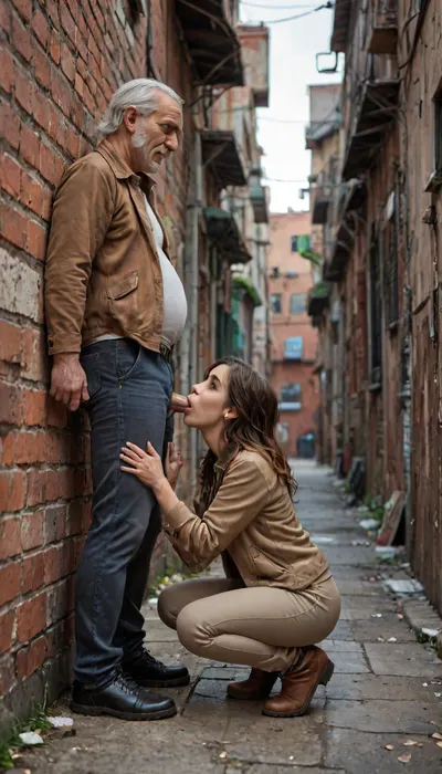 Rogue wearing only a open light brown jacket, squatting, blowjob, old man, alley, side wiew, full body view, <lora:detailed_notrigger:2>, <lora:add-detail-xl:.8>, <lora:LCMTurboMix_Euler_A_fix:.8>, <lora:677862_training_data:.8>
