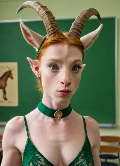 in a classroom, NUDE sexy pale ginger anthro GOAT woman, (mid 30's), (GOAT nose), (intense green goat eyes:1.3), (pointed ears), (veiny arms and neck), (one arm raised, detailed armpit), (ginger horse hair in armpit), <lora:ahxl_v1:.8>, x, morphing, into, y, <lora:SDXL1.0-LoRa_Zeitgeist-Morphing-Concept_by-AI_Characters-v1.0:.8>, anthro, feral, <lora:SDXL_Human_Male_Furry_Female:.8>
