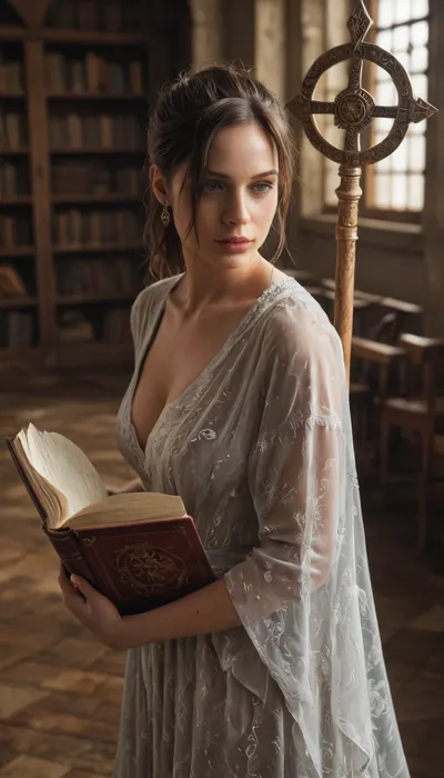realistic Claire Redfield as a Dungeons and Dragons wizard, wearing detailed embroidered robes with silver and gold runes, holding a glowing crystal staff, spellbook floating beside her, red hair flowing in the wind, magical aura surrounding her hands, standing in an ancient library filled with glowing runes and arcane light, cinematic photorealism, ultra-detailed, 8k, masterpiece, best quality