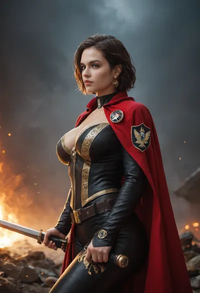 realistic Jill Valentine as a Warhammer 40k Rogue Trader in battle, fierce and commanding, large breasts, wearing ornate gothic voidsuit armor with gold trim and a flowing crimson cape, purity seals and Imperial symbols across her armor, wielding a gilded power sword crackling with energy in one hand and a plasma pistol in the other, leading a boarding action aboard a burning starship, chaos of gunfire and melee around her, grimdark atmosphere, cinematic photorealism, ultra-detailed textures, dramatic lighting, volumetric light, ray tracing reflections, epic composition, depth of field, highly detailed environment, 8k, masterpiece, best quality