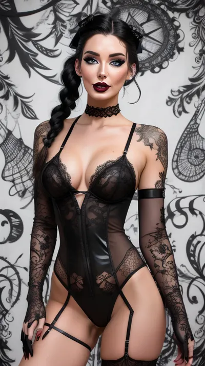 Sexy 20 year old lingerie model beautiful Wednesday Adam’s wearing a kinky black lace Lingerie teddy bodysuit, black lipstick, black hair, messy double French braids, Cute, sexy, Disney cartoon art, 3d art, adult art, adult cartoon style, simple background, black makeup, white-out out, witchcraft style, horoscope Tapestry style background