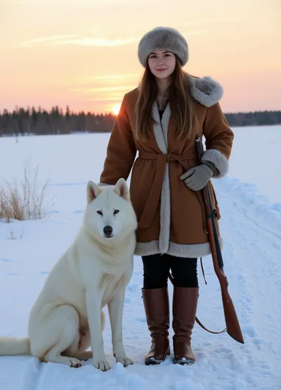 (young Yakut woman hunter:1.2), dressed, (traditional Yakut winter clothes for hunting:1.3), (luxurious fur hat:1.1), (Yakut, detailed hunting clothes made of leather and fur:1.1), (barrel of hunting double-barrelled gun is visible behind her back:1.2), (confidently standing on a snowy path, next to her realistic white Arctic wolf:1.4), (snowy plain:1.1), (winter landscape:1.1), (sunset over the horizon:1.1), (distant trees:1.1), (focused gaze:1.1), (depth of field:1.1), (photorealism:1.3), (studio lighting:1.1), (reportage photography:1.1), (high detail:1.2), (ultra high resolution:1.1), (8k:1), (outdoor photography:1.2)