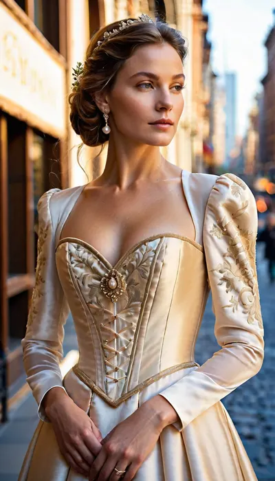 "Cinematic masterpiece, hyper-realistic 32K photograph, shot with a custom-calibrated Phase One XT camera, Rodenstock HR Digaron-S 180mm f/5.6 lens, captured at golden hour with intricate bokeh and natural atmospheric haze. A subtly posed, elegant highborn Italian Renaissance noblewoman, (inspired by Isabella d'Este, in her prime), stands poised, gazing thoughtfully, as if momentarily paused, amidst a truly authentic, bustling modern New York City streetscape, (circa 2025-2027), . Every thread of her custom-tailored, historically accurate 16th-century Italian gown is visible, iridescent Venetian silk brocade, rich velvet accents, delicate gold thread embroidery, intricate pearl detailing on the bodice and sleeves. The gown features a graceful, flowing silhouette with natural folds, a perfectly structured yet soft corset, and an aristocratic, modest décolletage. Her complexion is flawless, natural skin texture, serene yet commanding facial expression, subtle period-appropriate makeup. The urban environment is a photorealistic tapestry of soft-focus background elements, architectural reflections on glass edificios, diffused light from distant LED screens, indistinct figures of passersby, and genuine street textures. The composition is a harmonious blend of historical grandeur and contemporary urban grit, captured with exquisite depth of field and an artistic eye for storytelling. The overall mood is one of timeless beauty encountering dynamic modernity, evoking a sense of wonder and sophisticated contrast. Masterful light and shadow play, extreme textural fidelity, no digital noise, perfectly rendered proportions and anatomy."