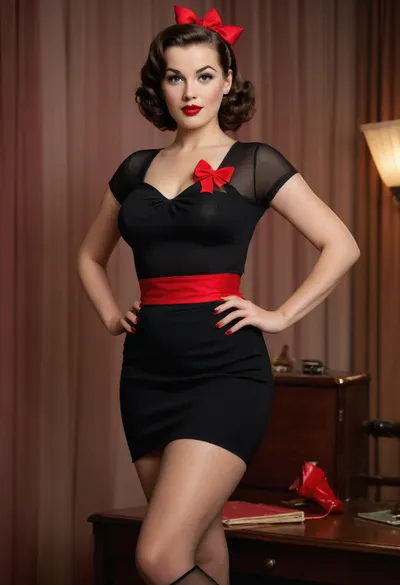 photorealistic 1950s pin-up woman, age 30, curvy figure, glowing skin, classic makeup, winged eyeliner, bright red lipstick, vintage waves hairstyle with bold bow, fitted retro top, subtle neckline, high-waisted pencil skirt, sheer back-seam stockings, elegant high heels, sensual playful pose, confident charming expression, retro 1950s background, cinematic soft lighting, ultra-detailed, 8k, high resolution, realistic skin texture.