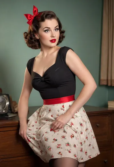 photorealistic 1950s pin-up woman, age 30, curvy figure, glowing skin, classic makeup, winged eyeliner, bright red lipstick, vintage waves hairstyle with bold bow, fitted retro top, subtle neckline, high-waisted pencil skirt, sheer back-seam stockings, elegant high heels, sensual playful pose, confident charming expression, retro 1950s background, cinematic soft lighting, ultra-detailed, 8k, high resolution, realistic skin texture.