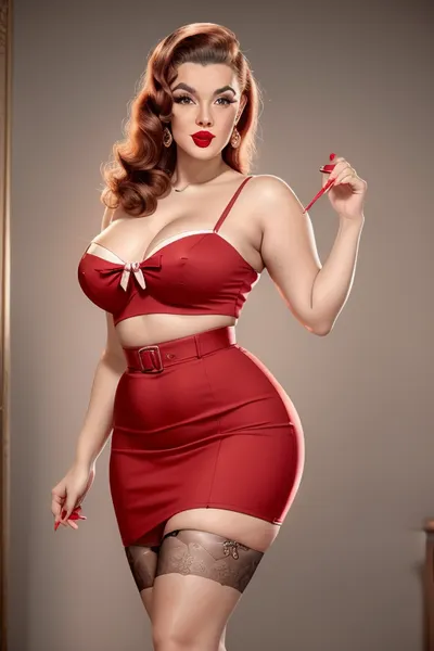 photorealistic 1950s pin-up woman, age 30, curvy figure, glowing skin, classic makeup, winged eyeliner, bright red lipstick, vintage waves hairstyle with bold bow, fitted retro top, subtle neckline, high-waisted pencil skirt, sheer back-seam stockings, elegant high heels, sensual playful pose, confident charming expression, retro 1950s background, cinematic soft lighting, ultra-detailed, 8k, high resolution, realistic skin texture.