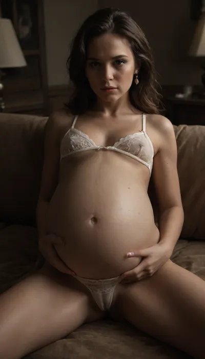 (seen from beside), woman, (milf:1.2), middle straight brown hair, brown eyes, flat chested, is lying on her side on the beige couch, innocent white dentelle panties, tiny white dentelle bra under her clothes, a small lamp diffuses a ray of yellow light on the woman's body which makes the scene more aesthetic and strange, flat, chested, (highly pregnant:2), <lora:dark:.3>, <lora:Ally-000005:2>, <lora:flat_chested_v3.5:1.2>