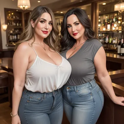 (mature:1.5), Two mature ssbbw women, Armenian Aunt Cass, and Helen Parr, 58, a mature curvy woman with a hourglass shaped, full-figured body. She has soft sagging breasts, generous hips, and a huge round bottom, wide ass. Her skin is warm-toned with natural wrinkles and texture. Her hair is shoulder-length, light brunette with gray strands, slightly wavy, layered with an undercut. Her captivating eyes are a striking, (glowing amber eyes:1.3), and her big lips are juicy, plump and expressive with lipstick. She wears a white low-cut thin blouse with a plunging neckline made of clingy fabric, no bra, and tight high-waisted jeans that enhance her curves. Long hair. Helen and BBW milf Aunt Cass pose in a living room, still in their bar outfits. jeans on her hips, and her top clings to her bust, both women smiling seductively at the viewer. Photorealistic, Canon EOS R5, 50mm f/1.4, warm home lighting.