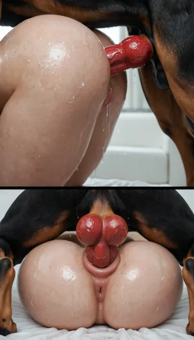Dog mating, hardcore anal dog sex, side view, puffy shiny asshole, big wet ass, massive soft ass, white girl ass fucked aggressively by black dog, huge red knotted dog cock, full side view, doggy style fucking