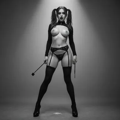 (((black and white, no colors:4))), 1girl, black footwear, black gloves, ((blonde pigtails:1.4)), black panties, black thighhighs, ((pussy visible:1.4)), body harness, bondage outfit, collarbone, Spider gag mask, fishnet gloves, fishnet thighhighs, gloves, harness, holding, holding riding crop, big perky breasts, looking at viewer, (goth:1.5), navel, crochless panties, riding crop, ((wearing black high heel pumps.1.6)), standing, thighhighs, open mouth, ((cum dripping:1.4)), ((cum on breasts:1.4))