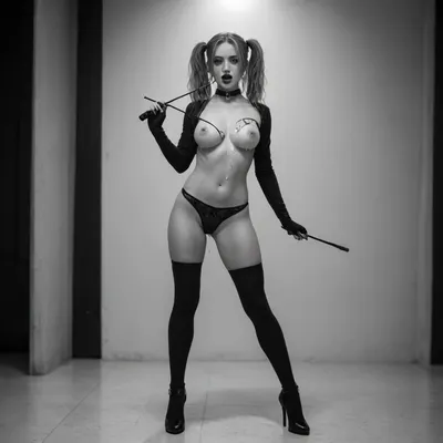 (((black and white, no colors:4))), 1girl, black footwear, black gloves, ((blonde pigtails:1.4)), black panties, black thighhighs, ((pussy visible:1.4)), body harness, bondage outfit, collarbone, Spider gag mask, fishnet gloves, fishnet thighhighs, gloves, harness, holding, holding riding crop, big perky breasts, looking at viewer, (goth:1.5), navel, crochless panties, riding crop, ((wearing black high heel pumps.1.6)), standing, thighhighs, open mouth, ((cum dripping:1.4)), ((cum on breasts:1.4))