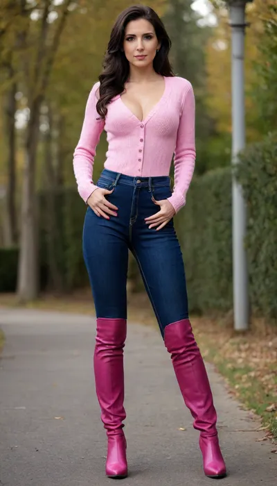 slim tight hotwife 40 years old, very long straight-wavy black hair, (wearing tight fitting dark blue jeans:1.8), (wearing dark brown leather knee heeled boots:1.8), (light pink wool cleavage sweater:1.8), brown belt, tight dark brown shortjacket, serious face, rear view, looking at cam