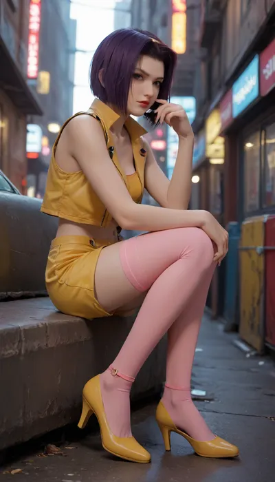 ((Masterpiece)), ((4K HD quality)), ((high resolution frame)), (score_9, score_8_up), ((Generate in Anime)), (faye Valentine:1.4), from cowboy bebop, short dark purple hair, resting bitch face, bright yellow lether, (sleeveless), crop top, bright yellow leather short shorts, pink stockings, black high heels, in a cyberpunk city, on the street, detailed background, side view, fv4lent, yellow_outfit_pink_thighighs, red, jacket, <lora:viola:1.4>, <lora:faye-anime:1.4>