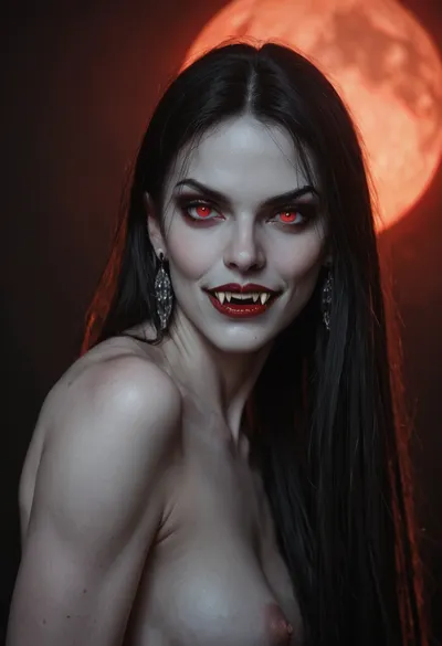 sexy nude scary vampire, pale ashen skin, athletic body, night, moonlight, red eyes, (((very long vampiric fangs)))