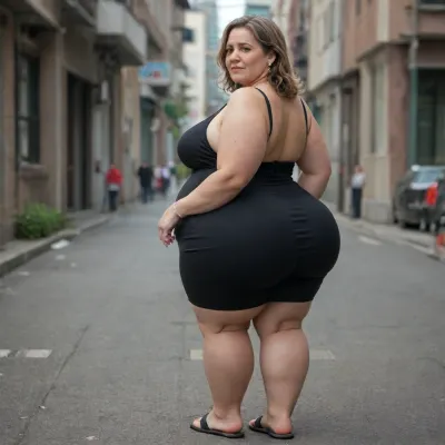 View from behind, walking away from the viewer, outside, golden hour, (obese:1.5), (mature:1.4), sideboob, Photo of a pretty woman with beautiful eyes and light brown hair, ((Full Body)), Nikon Z9, realistic matte skin, skin texture visible, (sharp focus), (high quality), (face visible), ((Detailed Face and Eyes)), long hair, ((mature Woman)), (big ass), plump, narrow waist, ((black mini Loose Fitting black Sundress)), ((Deep Plunge Neckline)), 35mm photograph, film, bokeh, professional, 8k, highly detailed, black flip flops, <lora:chest_adjust:.9>, <lora:add-detail-xl:.8>