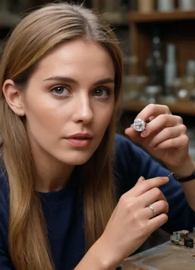 ((jewelry workshop:1.5)), woman olfebre perfect eyes, 1.5, ((working)), (((jewely tools))), ((great creation)), ((diamond ring)), 1.4, ((jeweler's apron)), ((a woman in her jewelry workshop working creates a beautiful diamond ring)), (((200 carat platinum ring)))