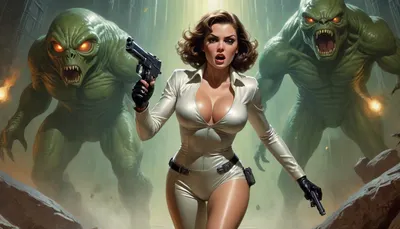 Richard Hescox style, full portrait view of a tempting and beautiful futuristic space maiden with huge breasts wearing a shiny suit and holding a rifle pistol with a horrified and shocked look on her face, she is running away from a giant glowing creature with a bulbous fluid eye, against the background of a dark and dank alien dungeon, by Adam Hughes, by Bill Ward, wide angle, super high angle, top view, bird's eye view, backglow, dynamic lighting, wet, greasy, green backlit, <lora:Richard Hescox Style:1>