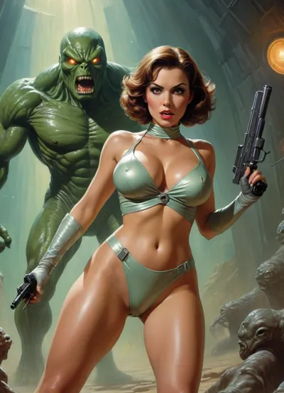 Richard Hescox style, full portrait view of a tempting and beautiful futuristic space maiden with huge breasts wearing a shiny suit and holding a rifle pistol with a horrified and shocked look on her face, she is running away from a giant glowing creature with a bulbous fluid eye, against the background of a dark and dank alien dungeon, by Adam Hughes, by Bill Ward, wide angle, super high angle, top view, bird's eye view, backglow, dynamic lighting, wet, greasy, green backlit, <lora:Richard Hescox Style:1>