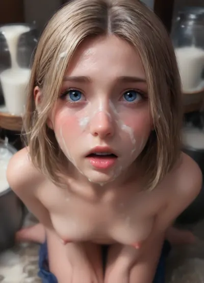 Cinematic still the viewer looks down at a submissive girl kneeling before them. She's gazing up with big, innocent eyes as she takes their cock deep into her throat. Saliva drips down her chin and onto her pert breasts as she gags and slobbers. The first-person perspective immerses the viewer in the sloppy, worshipful blowjob. 4k epic detail, shot on kodak, 35mm photo, sharp focus, high budget, cinemascope, moody, epic, gorgeous, film grain, grainy, score_9, score_8_up, score_7_up, rating, explicit, blowjob, POV, kneeling, submissive, big_eyes, deepthroat, saliva, gagging, slobber, (((((covered in thick cum))))), (((thick cum on the face))), cumbucket, covered in cum, thick cum, ((milk on the face)), (((face covered with milk and cum))), ((cum all over the face)), ((milk all over the face)), (cum on face:1.98), naked, blonde, Girl, full body, sexy, beautiful face, Blue eyes, shaved pussy, facial, young looking, very small breasts, very cute, very small body, sucking cock, (((covered in cum))), a full bucket of cum have just been poured all over her face, ((more cum on the face))