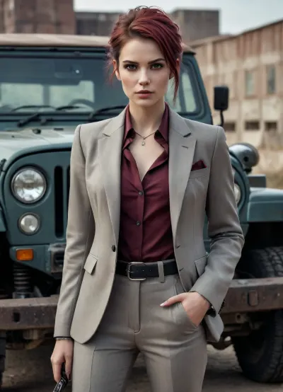 A classic suit with modern grunge elements, hyper detailed hyper realistic stunningly beautiful woman dressed in modern grunge fashion merged with classic tailoring style from head to toe, grunge makeup and accessories, classic suit accents with grungy flair, in the style of eve ventrue, 2d game art, clamp, porcelain, high-contrast shading, on the background of a jeep