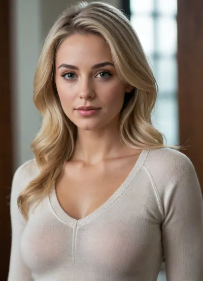 A realistic, ultra-high-quality photograph taken from above and slightly to the side, capturing a stunning blonde woman in sharp detail. Her beautiful face, expressive and glowing, is framed by her soft, shoulder-length hair. The composition highlights her feminine form, including the natural contours of her body. She is wearing a fitted V-neck sweater that accentuates her figure and sleek yoga pants that define her curves. The image showcases incredibly detailed skin textures, fine lines, and pores, adding to the realism and depth. The lighting is soft and natural, casting gentle shadows to enhance the details and contours of her face and body. The scene radiates warmth and elegance, with a focus on natural beauty and subtle allure.