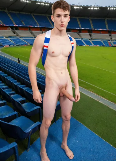 cute life like 20yo male young footballer, huge fat uncut penis, skinny, toned body. head to to image, very short brown hair, bare feet. in the stadium wearing a jock strap