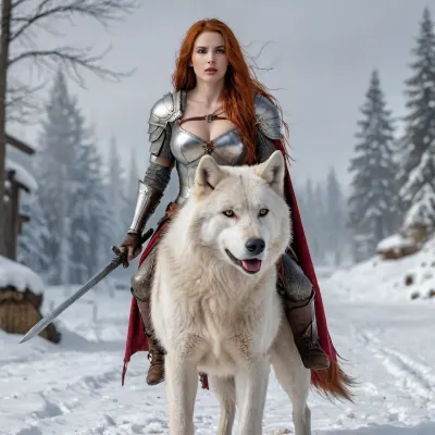 Il crimson amazon: un valoroso giro su un lupo bianco neve in mezzo al caos medievale