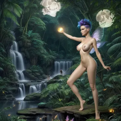 A beautiful woman with fairy wings and a mohawk in the jungle at night, fireflies, waterfall, full moon, nude, (huge tits), legs
