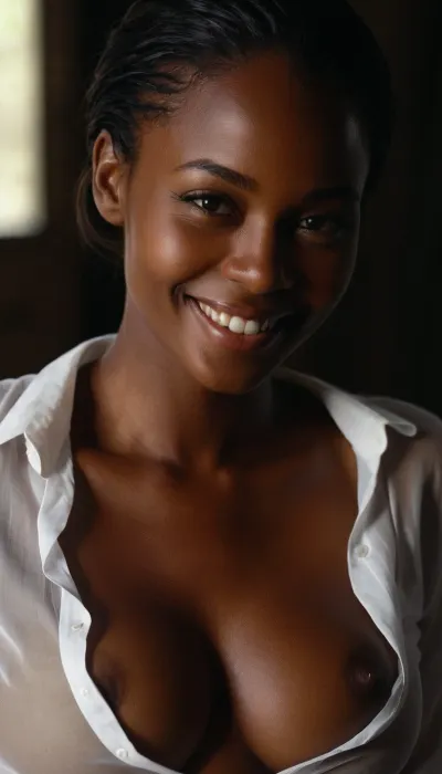 beautiful very dark african ebony with dark hair and translucent white shirt which is very revealing, breasts are visible through shirt, smiling, inviting