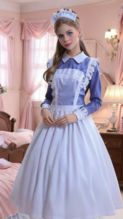 ultra realist, 8k, 24year, 1girl, long brown hair, blue eyes, she leans forward, look the camera, is in his room and in the back is his bed.pink, satin, traditional, maid, <lora:TraditionalMaid:1>