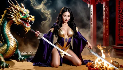 Dark Sacrifece, beautiful Chinese Witch in a traditional luxury sexy gold half transperent dress, with a very deep neckline, very slim body, big plump breasts, shaved pussy, very long wavy flowing hair, bright cat eyes, lied in the center of the great pentagram, ready for dark ritual, legs wide apart, 1man, middle aged man, ((dark wizard, have vaginal sex with witch)), (((dark wizard preparing to sacrifice witch front great chinese dragon))), ((((in the hands of the warlock is a ritual dagger)))), on the witch's face is an expression of wild lust and happiness smile, scream in ecstasy, want to be sacrificed, full body vision, side view