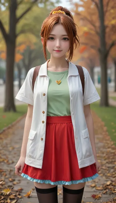 anime screencap, masterpiece, best quality, 1girl, solo, closed mouth, smile, blush, ginger hair, brown eyes, high ponytail, hair scrunchie, MegumiCasualTwo, open jacket, white jacket, green shirt, heart necklace, short sleeves, layered skirt, frilled skirt, red skirt, black thighhighs, standing, looking at viewer, cowboy shot, arms at sides, outdoors, park, blue sky, tree, autumn, falling leaves, blurry background