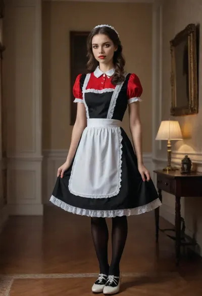 full body in frame, subdued light, dark brown hair, barely 20 years old white girl, very slim girl, petite, medium perky tits, high quality, Best quality, realistic, petite body, slim figure, slim waist, small waist, fit girl, Looking at the camera, red lipstick, eye liner, very petite girl, dynamic pose, very detailed, waiterss, white and red dress, black stockings, white shoes, <lora:CafesandBars:.5>, victorian, maid, <lora:xl_victorian_maid_dress-1.0:.5>