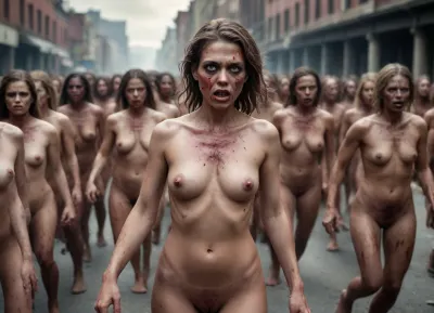 a horde of zombie women, nude, full body, horde, destroyed city, angry, coming towards you, different races of women