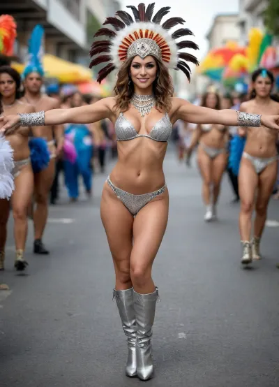 Photorealism, (high quality), naked Latin American dancer against the background of dressed Brazilians at the carnival in Rio de Janeiro, naked bodybuilder, thong-strings, naked pussy, hands behind head, thin waist, completely naked, naked body shines with sweat, the whole body is naked, without panties, detailed pussy, shaved pubis, pumped up fitness girl, press, cubes of press on the stomach, muscles, elastic ass, pumped up thighs, muscular calves, choker, medium breasts with small nipples, hard nipples, sexy pose in front of the camera, shiny tight legs boots-knee boots, carnival headdress with feathers, flexible, high resolution, high quality, clear, the whole body in the frame, the whole girl in the frame, snapshot from afar