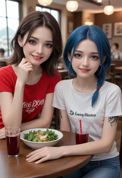 2 girls, russian young beautiful 18 years old girl, blue hair, two big braid, blue eyes, (Realism:1.5), (Small flat chest:1.4), (Freckles:1.3), (Dark makeup, eye shadow:1.4), (smile:1.3), Dressed in a oversize t-shirt and A pink hoop on the head s and jeans, In a cafe, sitting at a table, Cola with ice in a glass, Salad, smartphone on the table, (tattoo:1.3), Posing for the viewer