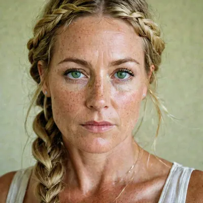Guénola, german, 45 years old, MILF, blond, one loose braid, natural green eyes, freckles, portrait, near view