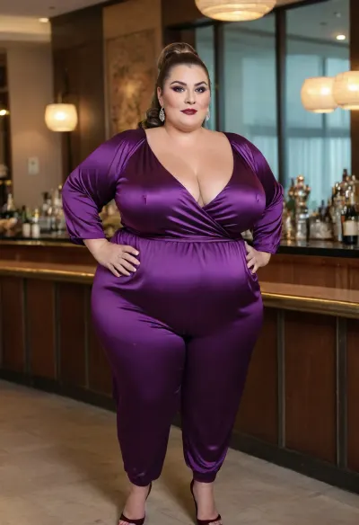 60 years old bbw women, russian, with ponytail hairstyle, greying brunette hair, (oversized fat bbw:1.3), (fupa:1.3), old beauty, with oversized thick thighs. Diva makeup. In elegant satin jumpsuit, v-neck, decollete. Hoop earrings. Seductive posing. Location bar, cocktail party, soft light on the model face, cinematic. Best quality photo, 8k photo, high detail, high resolution photo.