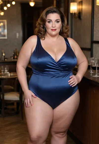 60 years old bbw mature women, russian, greying brunette hair, (oversized fat bbw:1.3), (fupa:1.3), old beauty, with oversized thick thighs. Diva makeup. In satin sleeveless jumpsuit, v-neck, decollete. Cameltoe, Seductive posing. Location bar, cocktail party, soft light on the model face, cinematic. Best quality photo, 8k photo, high detail, high resolution photo.