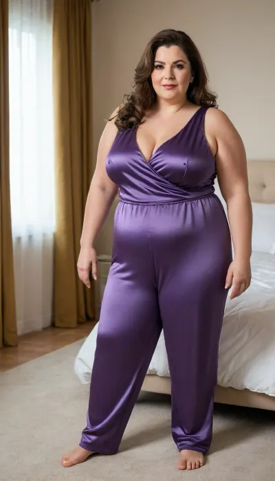 60 years old bbw mature women, russian, greying brunette hair, (oversized fat bbw:1.3), (fupa:1.3), old beauty, wide hips with oversized thick thighs. In satin sleeveless jumpsuit, v-neck, decollete. Cameltoe, Seductive posing. Location bedroom, soft light on the model face, cinematic. Best quality photo, 8k photo, high detail, high resolution photo.