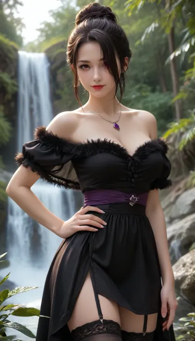 (highres, high quality:1.3), realistic, intricate details, vibrant image, sharpness, colorful, dim lighting, luluffx, mature female, 1girl, solo, night sky, star \, (sky\), standing, magic, hands on hip, looking at viewer, jungle, waterfall, cowboy shot, side view, smile, blush, black hair, single hair bun, (hair over one eye, one eye covered:1.2), (braid:.7), lipstick, makeup, perfect face, red eye, detailed hair, purple necklace, off-shoulder dress, black dress, strapless, fur trim, (multiple belts:1.1), garter straps, (thighhighs:1.2), curvy, large breasts, cleavage