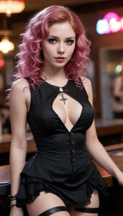 score_9, score_8_up, score_7_up, Raw Photo, Cowboy Shot, girl, cute, seductive, innocent, (light smile:.3), plump lips, slender body, hard rock idol, curly pink hair, perfect eyes, in high detailed black gothic-suit, ultra-detailed gothic-dress, sleeveless top, short wide skirt, inside a nightclub, depth of field, dynamic angle, (photo realistic:1.4), (realistic skin:1.4), fashion photography, sharp, analog film grain, (hyperdetailed:1.15)